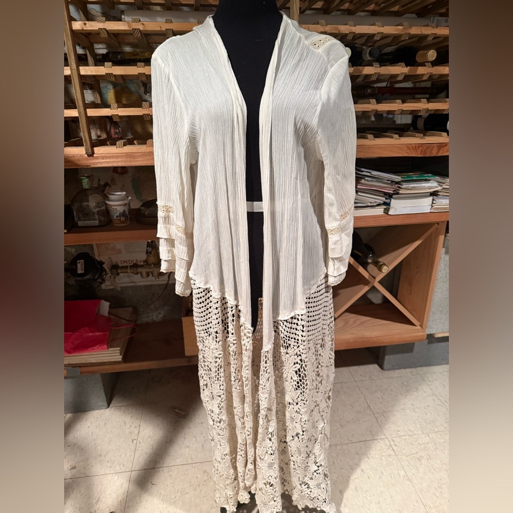 Anna Sui Cream Sheer Lightweight Kimono with Gold Logo Tag